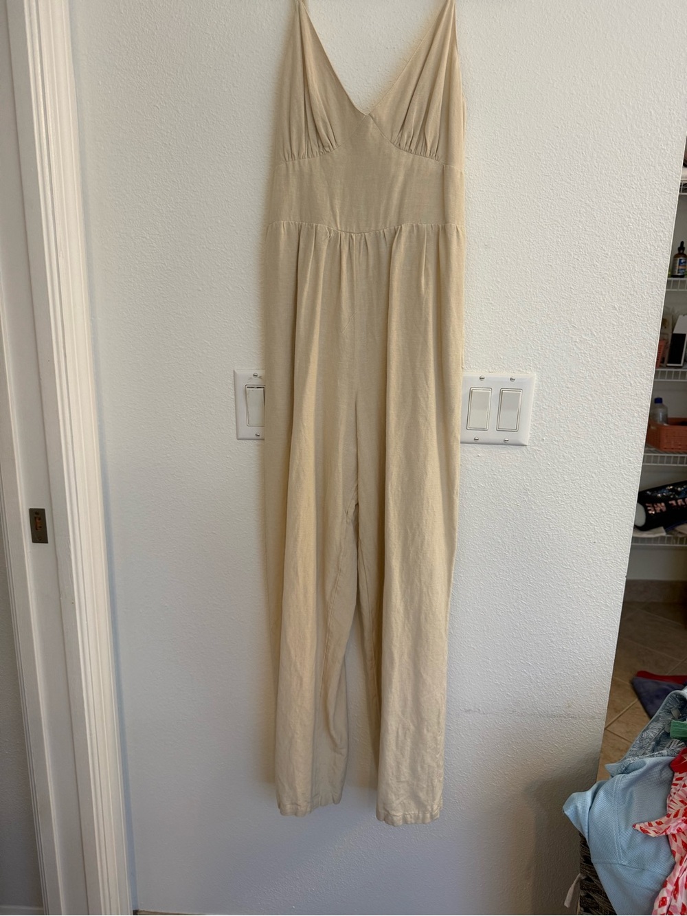 Beige V-Neck Wide-Leg Jumpsuit